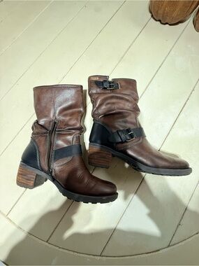 PIKOLINOS Brown and Black Leather Mid-Calf Buckle Boots
